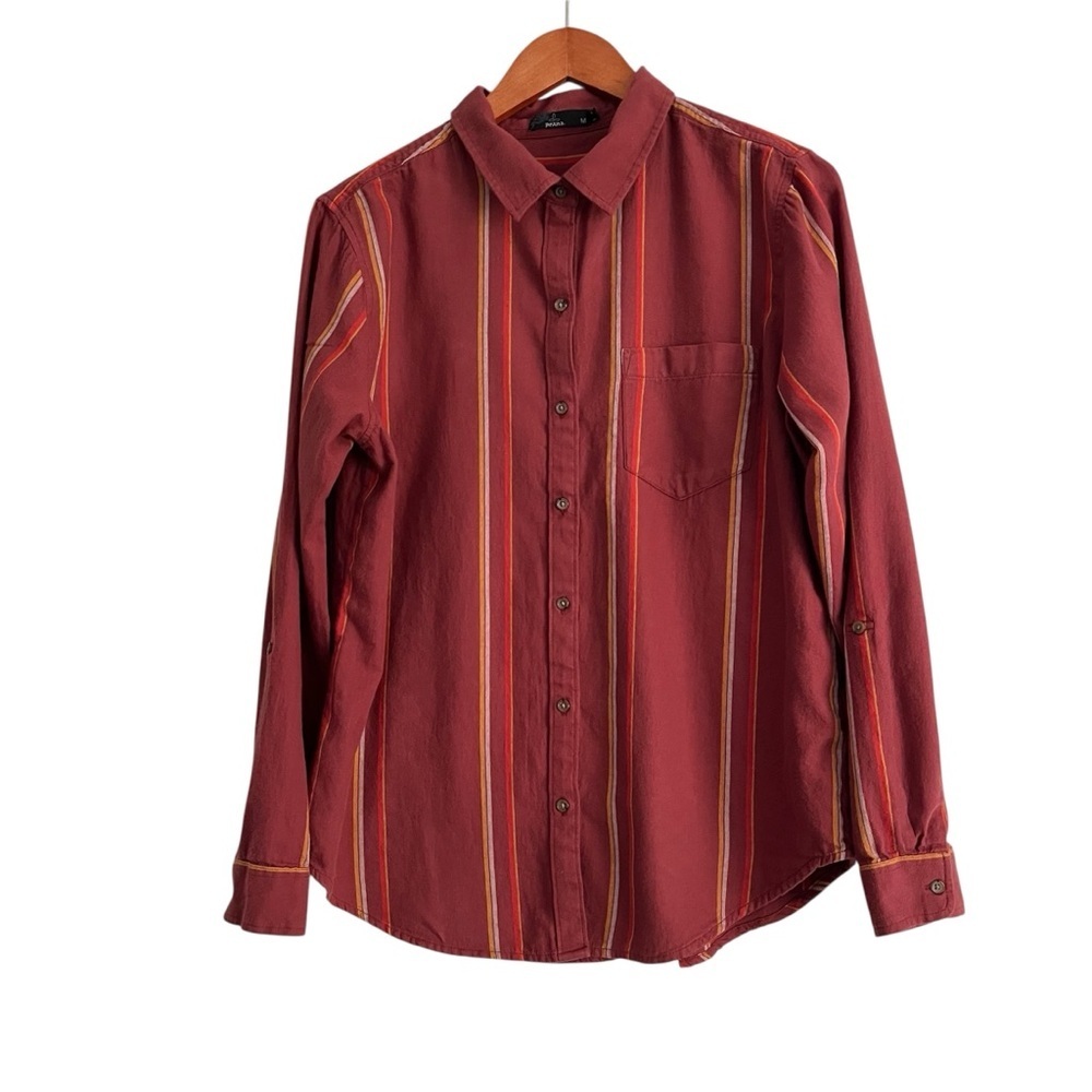 prAna Organic Cotton Striped Long Sleeve Shirt Rust Sz M Gorpcore Earthy Travel